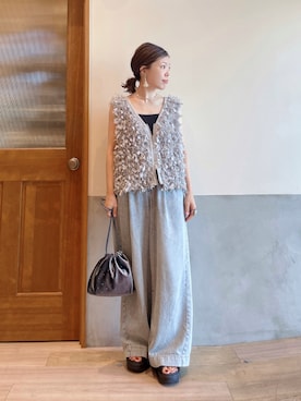 「アイテム（バッグ、ブルー系）」を使った、にわまりこさん（レディース・151cm）の夏コーディネート