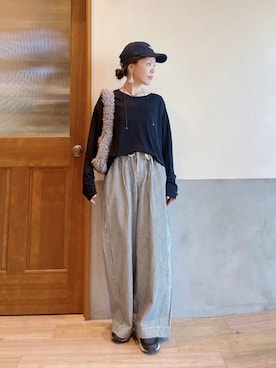 「アイテム（キャップ）」を使った、にわまりこさん（レディース・151cm）の秋コーディネート