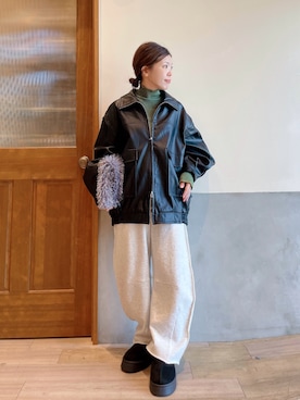 「アイテム（ライダースジャケット）」を使った、にわまりこさん（レディース・151cm）の冬コーディネート