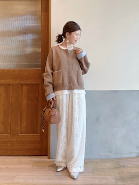 「CIAOPANIC TYPY（チャオパニックティピー）の【何役もこなす多機能付き】袖配色ニットスナップカーデ（カーディガン/ボレロ、ベージュ系）」を使った、にわまりこさん（レディース・151cm）の春コーディネート