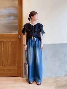 「CIAOPANIC TYPY（チャオパニックティピー）の【2025年S/S新作】カラビナ付きメタリックヤーンBAG（トートバッグ）」を使った、にわまりこさん（レディース・151cm）の夏コーディネート