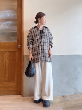 「CIAOPANIC TYPY（チャオパニックティピー）の【UNISEX】モール混長袖チェックシャツ（シャツ/ブラウス）」を使った、にわまりこさん（レディース・151cm）の秋コーディネート