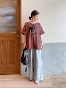 「CIAOPANIC TYPY（チャオパニックティピー）のフロッキーロゴプリント半袖オーバーTee（Tシャツ/カットソー）」を使った、にわまりこさん（レディース・151cm）の夏コーディネート