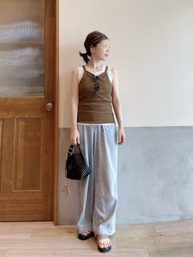 「CIAOPANIC TYPY（チャオパニックティピー）の【willow】シアータンクリブキャミセット（Tシャツ/カットソー、ブラウン系）」を使った、にわまりこさん（レディース・151cm）の夏コーディネート