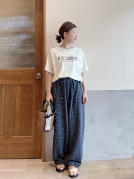 「CIAOPANIC TYPY（チャオパニックティピー）の【接触冷感】ロゴプリントTee（Tシャツ/カットソー、グリーン系）」を使った、にわまりこさん（レディース・151cm）の夏コーディネート