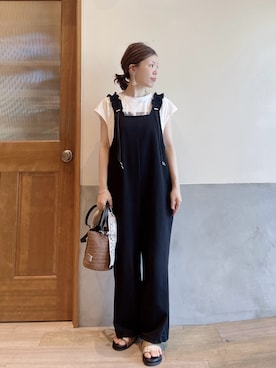 「CIAOPANIC TYPY（チャオパニックティピー）の【夏も快適/ドライタッチ】アソートフォトプリントフレンチスリーブTee（Tシャツ/カットソー、ホワイト系）」を使った、にわまりこさん（レディース・151cm）の夏コーディネート