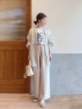 「CIAOPANIC TYPY（チャオパニックティピー）の【夏も快適/ドライタッチ】アソートフォトプリントフレンチスリーブTee（Tシャツ/カットソー、ホワイト系）」を使った、にわまりこさん（レディース・151cm）の夏コーディネート