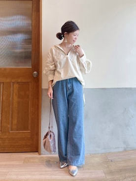 「CIAOPANIC TYPY（チャオパニックティピー）のカラビナ付きベロアスタッズ巾着BAG（トートバッグ）」を使った、にわまりこさん（レディース・151cm）の秋コーディネート