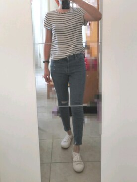 「UNIQLO（ユニクロ）のアイテム（デニムパンツ、ブルー系）」を使った、azou1900さん（レディース・170cm）の夏コーディネート