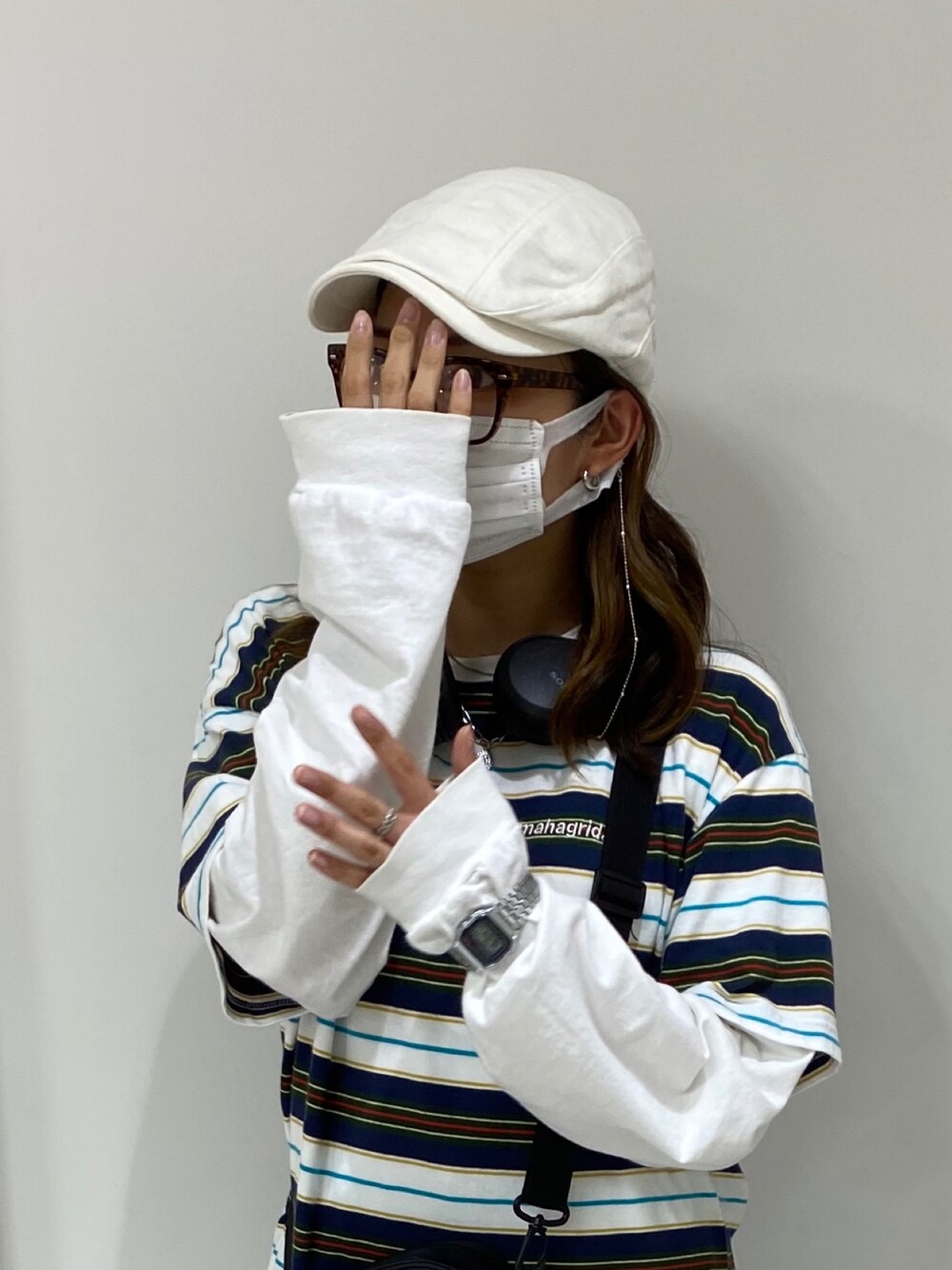 「MAHAGRID、ootd、ハンチング、メガネ女子、オーバーサイズ、Tシャツ、古着MIX、古着、おしゃれさんと繋がりたい、ストリート、低身長コーデ、いいね、save、フォローお願いします🤑、ボーダー、重ね着、秋コーデ」｜「MAHAGRIDのMAHAGRID／POINT LOGOボーダーT 2945845（Tシャツ/カットソー、その他）」を使った、maimaiさん（レディース・157cm）の夏コーディネートの1枚目の写真