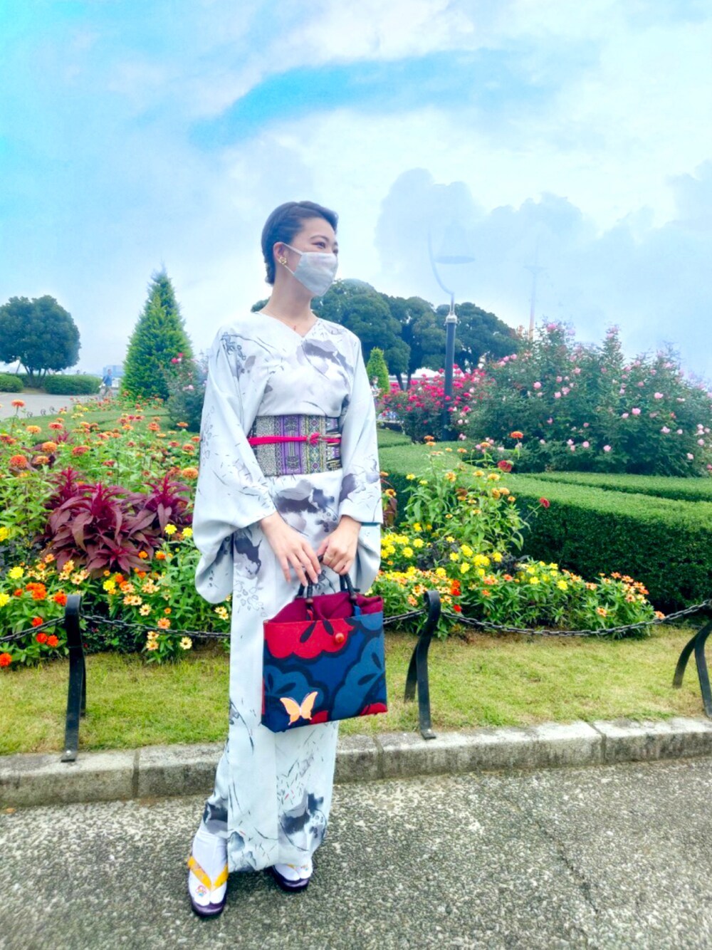 「着物、着物コーデ、和柄、お出かけコーデ、仕立屋甚五郎、帯、柄バッグ、きもの、柄」｜「仕立屋甚五郎のアイテム（和装小物、パープル系）」を使った、sutoさん（レディース・169cm）の秋コーディネートの1枚目の写真