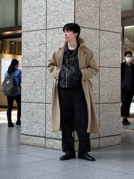 「アイテム（ライダースジャケット）」を使った、大久保　陸人さん（メンズ・181cm）の秋コーディネート