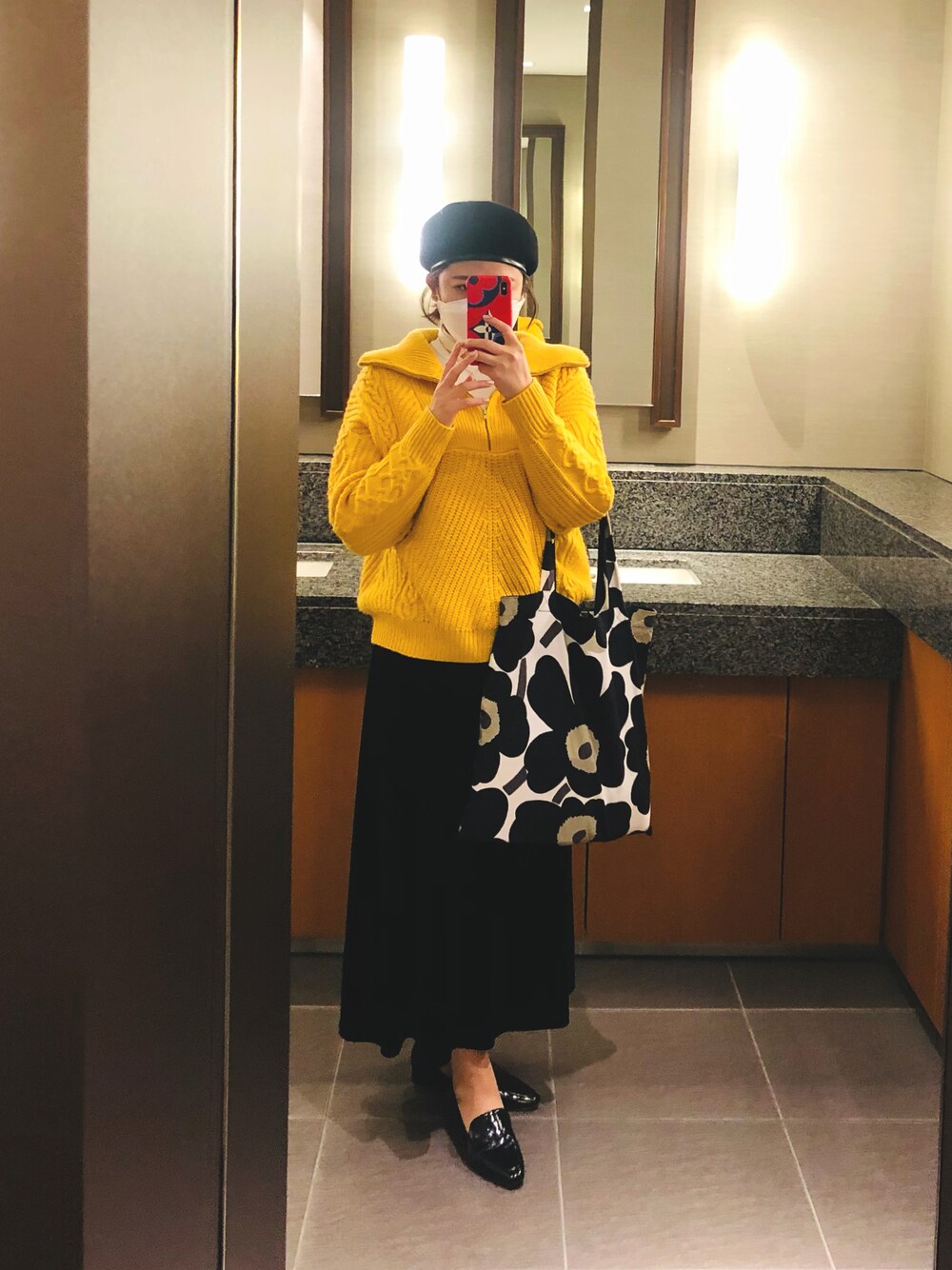 「おしゃれさんと繋がりたい、ロングスカート、古着、古着MIX、ハーフジップ、ニット、ベレー帽、イエロー、ビタミンカラー、はるコーデ、カラー×コーデ、春ニット、マリメッコ、ブラック、パンプス」｜「DRESSTERIORのアイテム（ニット/セーター、イエロー系）」を使った、🌜うししの🌛さん（レディース・157cm）の春コーディネートの1枚目の写真