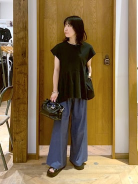 「GLOBAL WORK（グローバルワーク）のデニムライクパンツ/636574（その他パンツ、ブルー系）」を使った、515yoshiさん（レディース・149cm）の夏コーディネート
