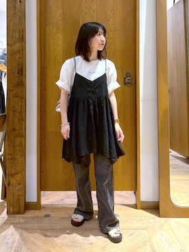 「GLOBAL WORK（グローバルワーク）のアシメヘムキャミチュニック/1017796（シャツ/ブラウス、ブラック系）」を使った、515yoshiさん（レディース・149cm）の夏コーディネート