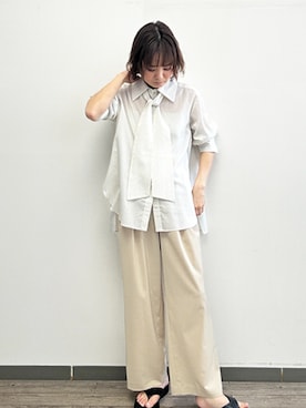 「R-ISM（リズム）の【洗える・リボンタイ付き】ウォッシャブルストライプシャツ（シャツ/ブラウス、ホワイト系）」を使った、rismstaffさん（レディース・167cm）の春コーディネート
