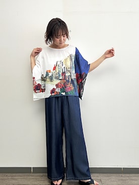 「R-ISM（リズム）の【セットアップ対応・洗える】ランドスケーププリントブラウス（シャツ/ブラウス、レッド系）」を使った、rismstaffさん（レディース・167cm）の春コーディネート