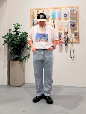 「BAYFLOW（ベイフロー）の［柔らかい穿き心地］メッシュデニムレギュラーパンツ【ストレッチ・ウエストイージー仕様】（デニムパンツ、ブルー系）」を使った、あおいさん（メンズ・164cm）の夏コーディネート