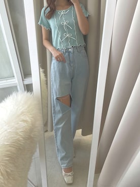 「メロートップス」｜「アイテム（デニムパンツ）」を使った、renaさん（レディース・158cm）の夏コーディネート
