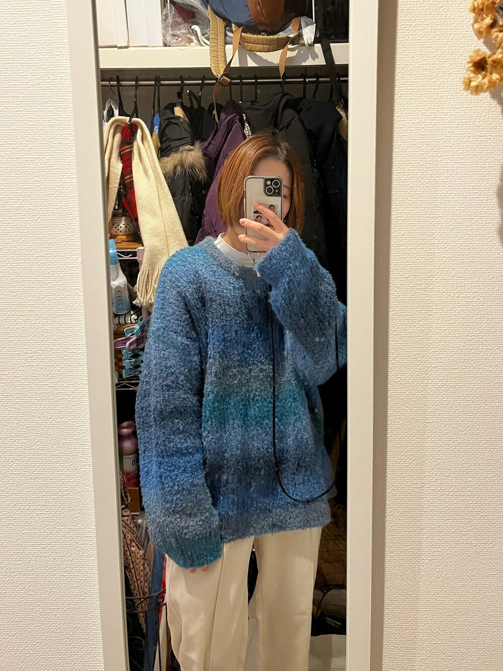 「SHEINのアイテム（ニット/セーター、ブルー系）」を使った、haru さん（レディース・155cm）の冬コーディネートの1枚目の写真