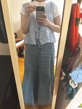 「GU（ジーユー）のアイテム（デニムスカート、ブルー系）」を使った、はむさん（レディース・151cm）の夏コーディネート