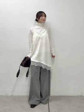 「RIVE DROITE（リヴドロワ）のシルクブレンドカットタートル（秋服/冬服/オフィスカジュアル）（Tシャツ/カットソー、ホワイト系）」を使った、ayumon0730さん（レディース・162cm）の秋コーディネート