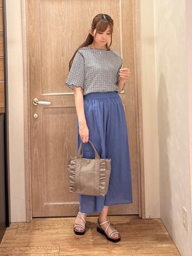 「SHOO・LA・RUE（シューラルー）のカット楊柳ギンガムメローT（Tシャツ/カットソー、ホワイト系）」を使った、miiさん（レディース・164cm）の夏コーディネート