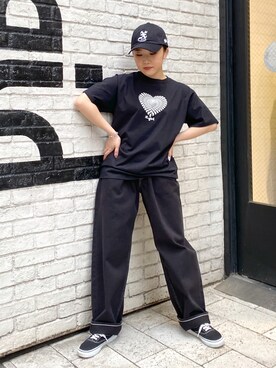 「X-girl（エックスガール）のWIDE TAPERED PANTS（その他パンツ）」を使った、YO-NEさん（レディース・155cm）の春コーディネート