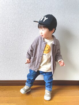 「アイテム（シャツ/ブラウス、ブラウン系）」を使った、Haakunさん（キッズ・80cm）の春コーディネート