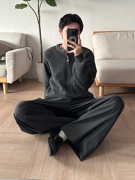 「Adoon plain（アドーンプレーン）の【セットアップ対応】Eyelet-Detail Assorted Two-Tuck Wide Slacks / ハトメデザインアソート2タックワイドスラックス（スラックス）」を使った、hikaruさん（メンズ・173cm）の秋コーディネート