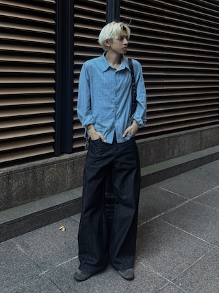 「Adoon plain(アドーンプレーン)のRandom Stripe L/S Shirt / ランダムストライプL/Sシャツ(シャツ/ブラウス)」を使った、hikaruさん(メンズ・173cm)の秋コーディネート
