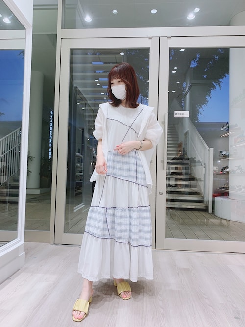 ファーファー　パッチワークワンピース　ドレス　ロング丈　シアー　五分袖　ピンク系 美品 furfur ファーファー パッチワーク ロングワンピース