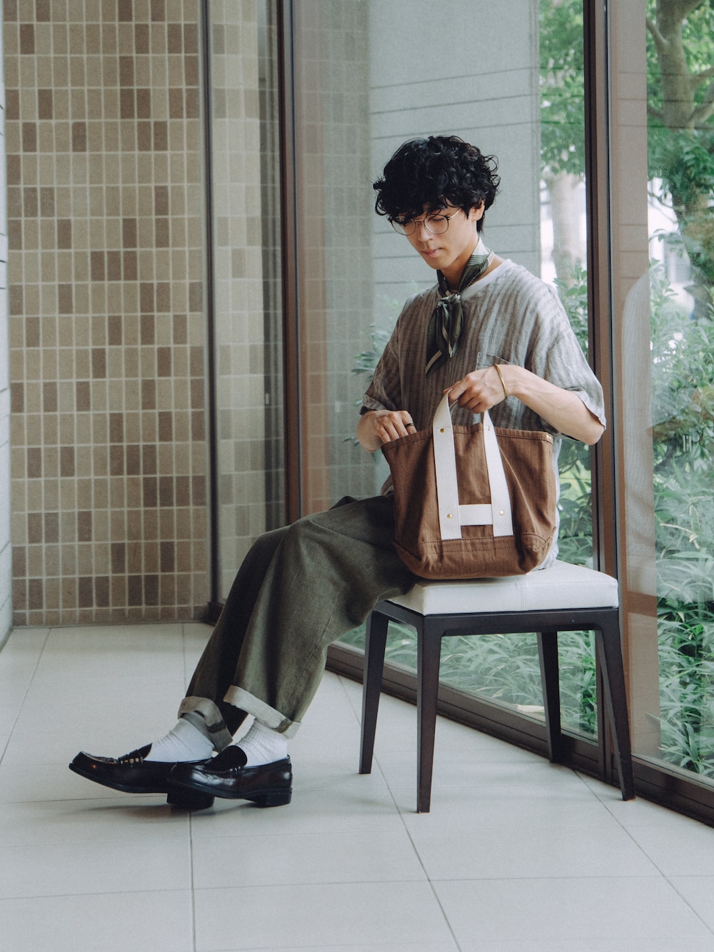 美品 Sanca スキッパー リネンシャツ サンカ ネイビー Sanca（サンカ）の「Sanca / LINEN STRIPE POCKET CREW T リネン
