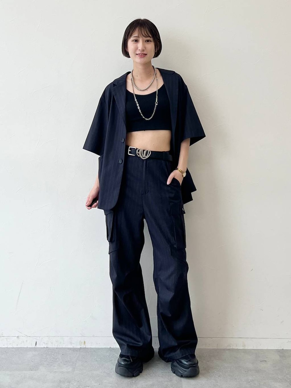 「メンズライク、カジュアル、モード、PAGEBOY、Anui」｜「PAGEBOYのプラットチャンキースニーカー（スニーカー、ブラック系）」を使った、なっつさん（レディース・164cm）の春コーディネートの1枚目の写真