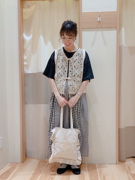 「Samansa Mos2（サマンサ モスモス）のモチーフレースベスト（ベスト）」を使った、torikaiさん（レディース・160cm）の夏コーディネート