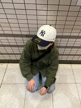 「NEW ERA（ニューエラ）のアイテム（キャップ、ホワイト系）」を使った、あーチャンさん（レディース）の夏コーディネート