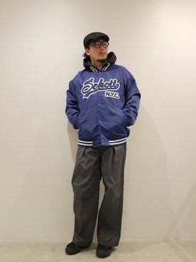 「schott（ショット）のアイテム（スタジャン）」を使った、今野太那さん（メンズ・175cm）の冬コーディネート