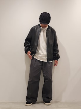 「ニットベスト」｜「アイテム（ライダースジャケット）」を使った、今野太那さん（メンズ・175cm）の春コーディネート