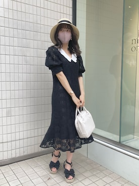 「one after another NICE CLAUP（ワンアフターアナザーナイスクラップ）の襟取り外し可能　クラシカルレディワンピース（ワンピース、ブラック系）」を使った、MOEKA(イエベ春/骨格ナチュラル)さん（レディース・157cm）の夏コーディネート