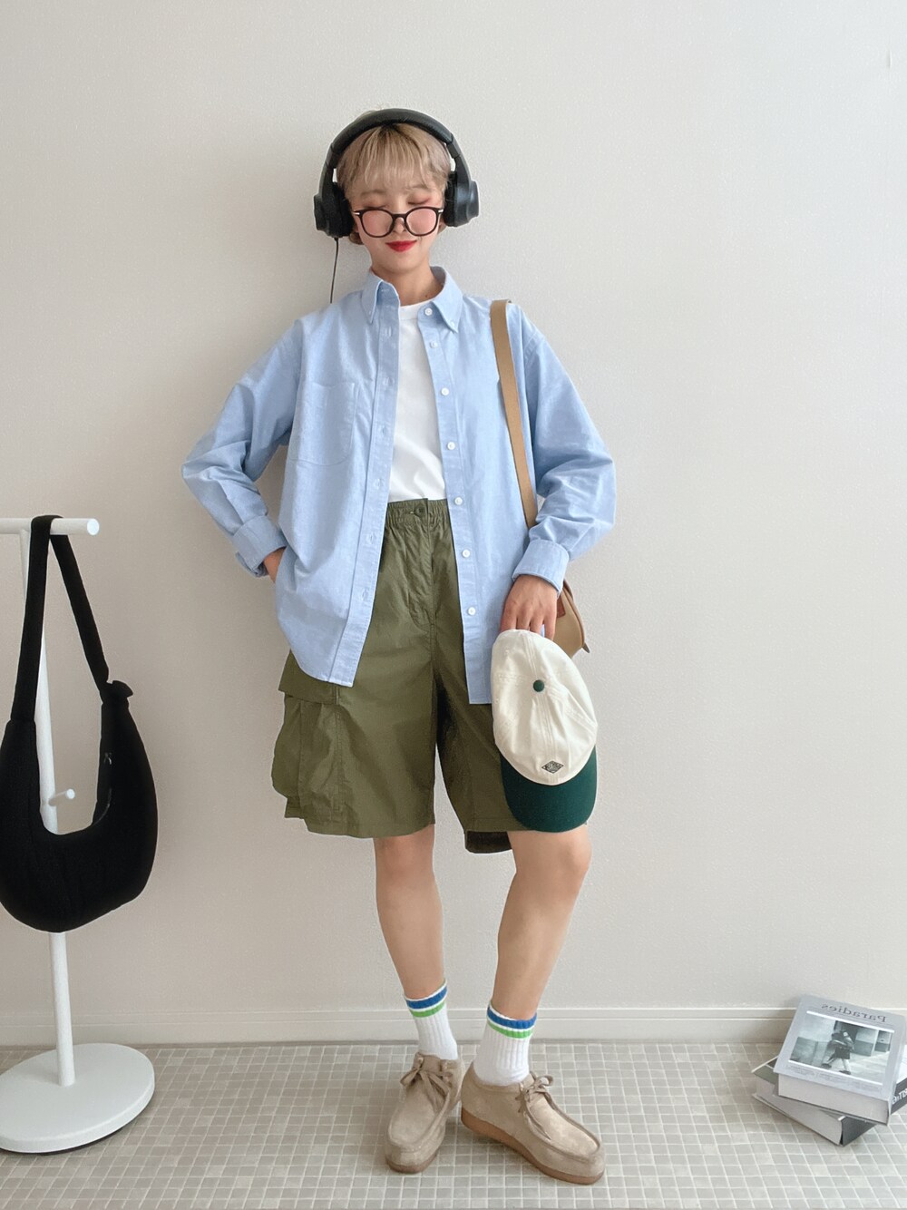 「アツいコーデ全部見せ、休日スタイル、秋服準備はじめました、骨格ストレート、お出かけコーデ、初秋コーデ、メンズライク、GU、ジーユー、GUコーデ、カーゴパンツ、古着MIX、カジュアルコーデ、レイヤードスタイル、ブルー」｜「GUのアイテム（シャツ/ブラウス、ブルー系）」を使った、soriso0712さん（レディース・164cm）の夏コーディネートの1枚目の写真