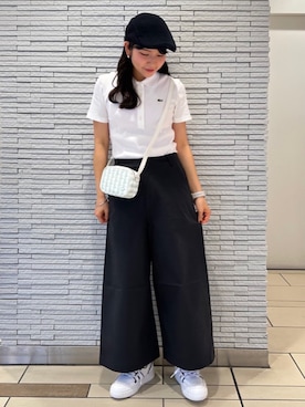 「LACOSTE（ラコステ）のタイトフィットリブニットポロシャツ（ポロシャツ、ホワイト系）」を使った、miikuさん（レディース・153cm）の夏コーディネート