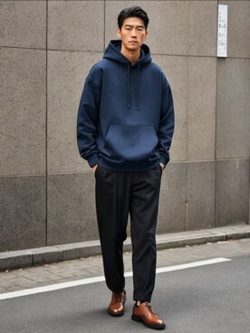 「no brand（ノーブランド）のアイテム（パーカー）」を使った、学識塾さん（メンズ・170cm）の春コーディネート