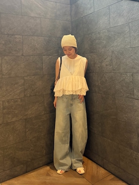 「KBF（ケイビーエフ）のWIDEレッグアジャストデニム（デニムパンツ、ブルー系）」を使った、ナガタエリさん（レディース・158cm）の夏コーディネート