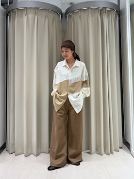 「KBF（ケイビーエフ）のSiltrata　Fringe pattern shirts（シャツ/ブラウス、ホワイト系）」を使った、ナガタエリさん（レディース・158cm）の夏コーディネート