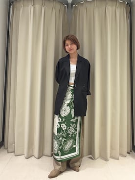 「KBF（ケイビーエフ）のリネンライクホックジャケット（テーラードジャケット、ブラック系）」を使った、ナガタエリさん（レディース・158cm）の春コーディネート
