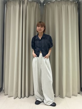 「KBF（ケイビーエフ）のコンパクトチェックシャツ（シャツ/ブラウス、ブルー系）」を使った、ナガタエリさん（レディース・158cm）の夏コーディネート