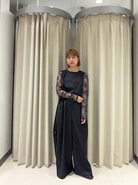 「KBF（ケイビーエフ）のミニマルトップスSETワイドパンツ（セットアップ、ブラック系）」を使った、ナガタエリさん（レディース・158cm）の夏コーディネート
