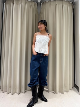 「KBF（ケイビーエフ）のフロントポケットデザインデニム（デニムパンツ、ブルー系）」を使った、ナガタエリさん（レディース・158cm）の夏コーディネート