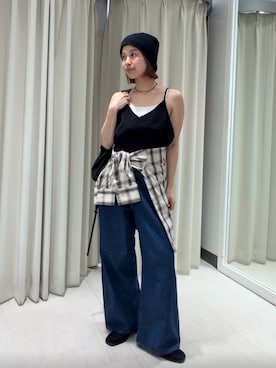 「KBF（ケイビーエフ）のビスチェSETチェックシャツ（シャツ/ブラウス、ベージュ系）」を使った、ナガタエリさん（レディース・158cm）の秋コーディネート