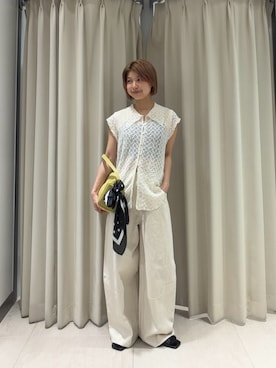 「KBF（ケイビーエフ）のフレンチスリーブレースシャツ（シャツ/ブラウス、ホワイト系）」を使った、ナガタエリさん（レディース・158cm）の春コーディネート